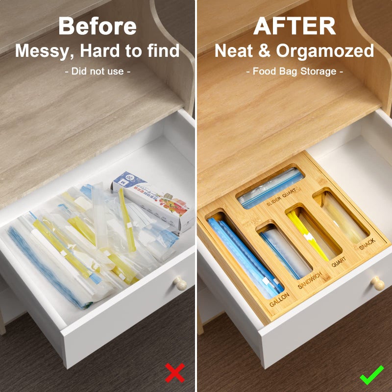 DUJEN Plastic Bag Organizer for Drawer, Bamboo Food Storage Bags Container Organizer with Slider, Baggie Bags Storage for Drawer Compatible with Gallon, Sandwich Variety Size Bags - Image 3