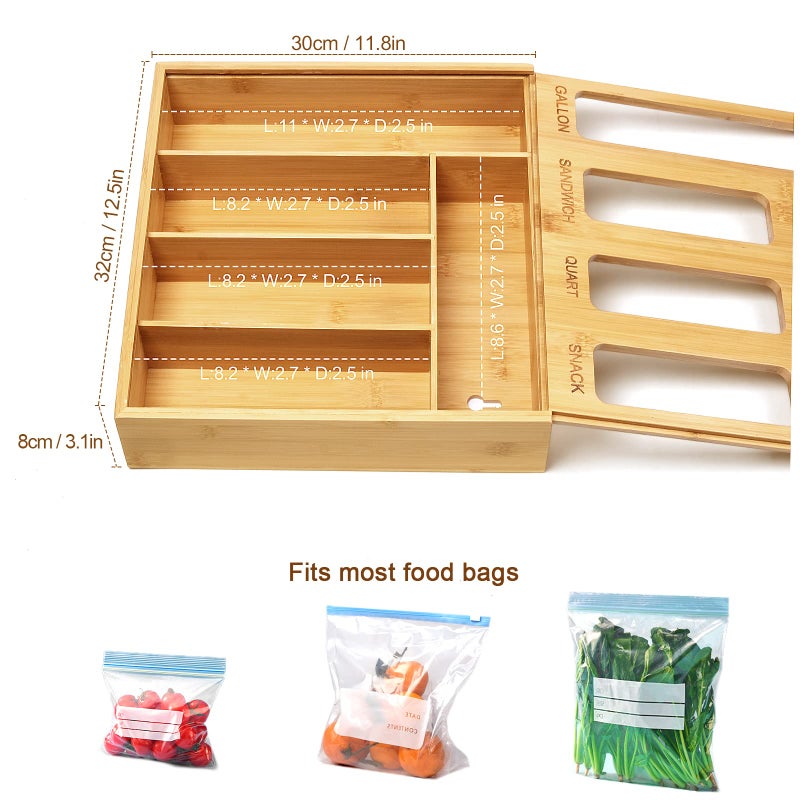 DUJEN Plastic Bag Organizer for Drawer, Bamboo Food Storage Bags Container Organizer with Slider, Baggie Bags Storage for Drawer Compatible with Gallon, Sandwich Variety Size Bags - Image 2