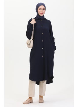 Sefa Merve Hooded Buttoned Cape 7272-03 Navy Blue  - Image 1