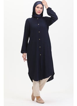 Sefa Merve Hooded Buttoned Cape 7272-03 Navy Blue  - Image 3