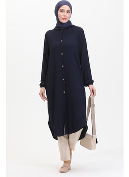 Sefa Merve Hooded Buttoned Cape 7272-03 Navy Blue  - Image 2