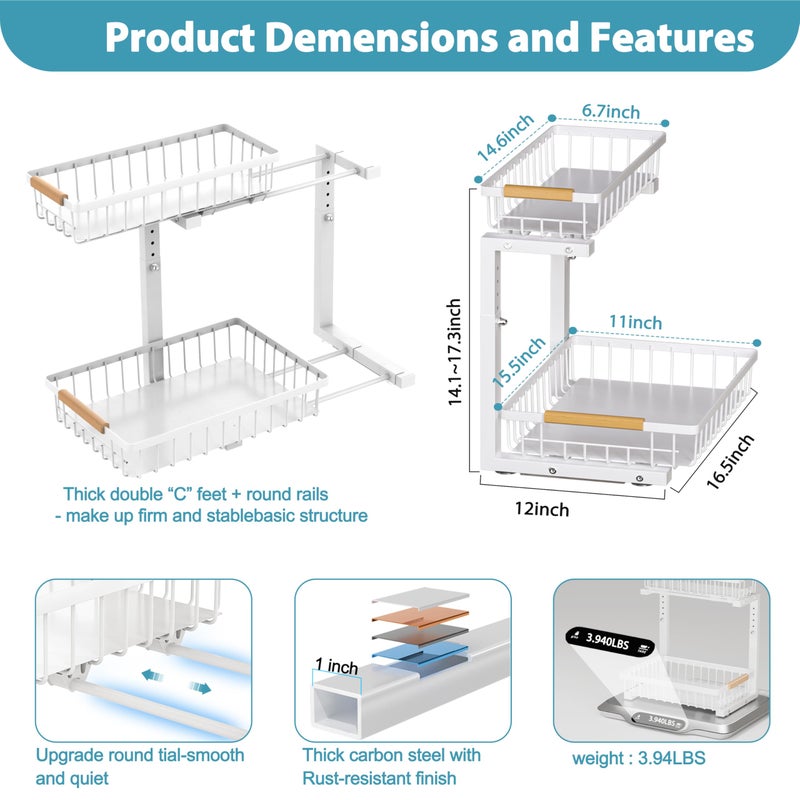 Liuoud Under Sink Organizer 2 Pack, 2 Tier Slide Out Large Capacity Height Adjustable Under Sink Organizers and Storage for Kitchen Bathroom Cabinet, White - Image 5