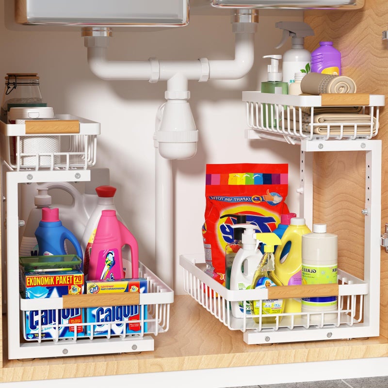 Liuoud Under Sink Organizer 2 Pack, 2 Tier Slide Out Large Capacity Height Adjustable Under Sink Organizers and Storage for Kitchen Bathroom Cabinet, White - Image 1