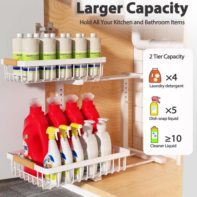 Liuoud Under Sink Organizer 2 Pack, 2 Tier Slide Out Large Capacity Height Adjustable Under Sink Organizers and Storage for Kitchen Bathroom Cabinet, White - Image 2