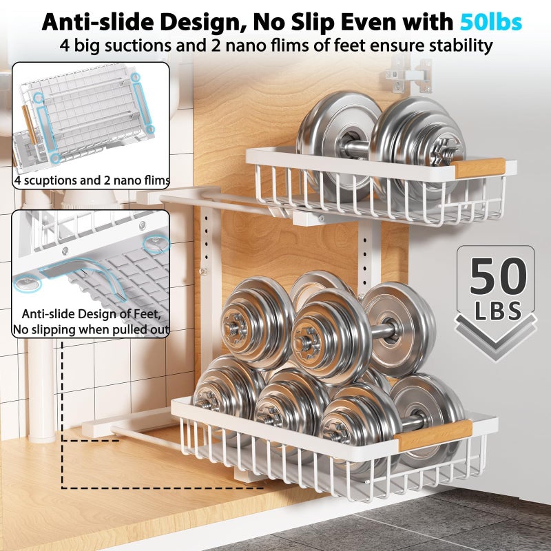 Liuoud Under Sink Organizer 2 Pack, 2 Tier Slide Out Large Capacity Height Adjustable Under Sink Organizers and Storage for Kitchen Bathroom Cabinet, White - Image 4