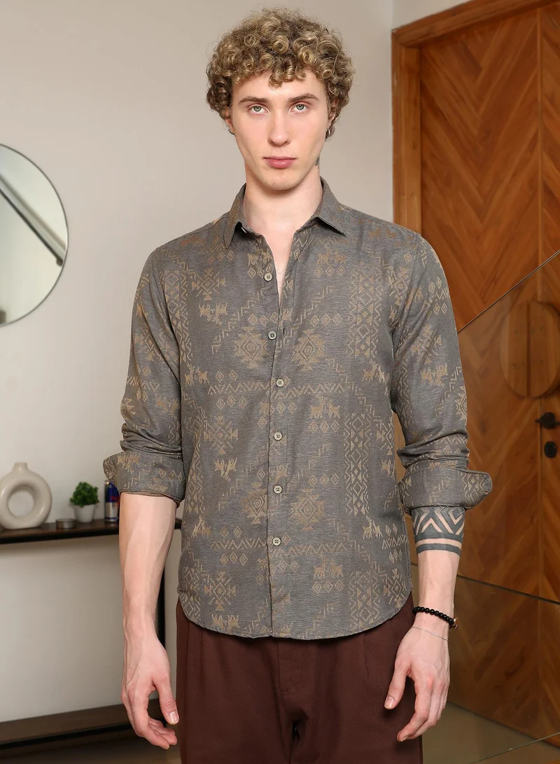 Campus Sutra Men's Grey Ethnic Motif Full Sleeve Shirt