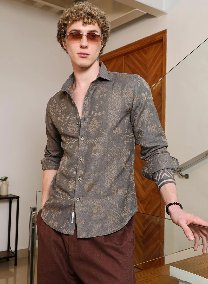 Campus Sutra Men's Grey Ethnic Motif Full Sleeve Shirt