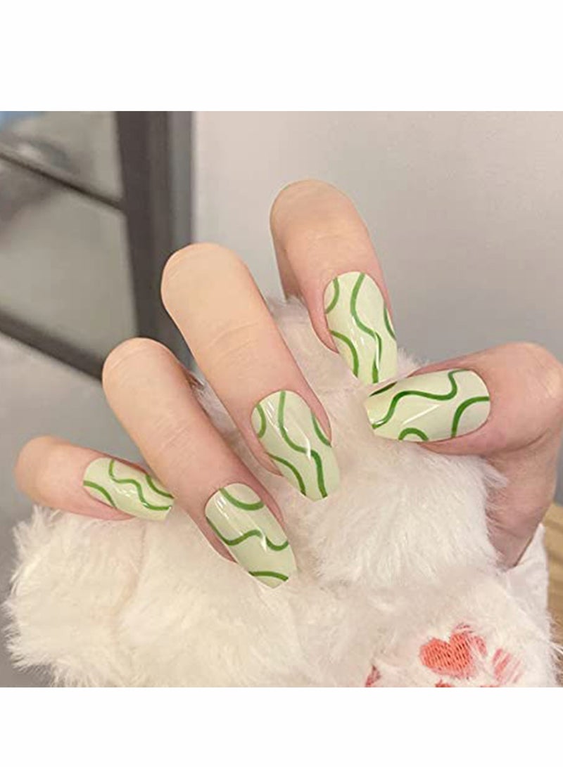 Excefore False Nails, KASTWAVE 24Pcs Press on Nails, Medium Coffin Glue on Nails Green Line Fake Nails, Glossy Artificial Manicure, for Women and Girls - Image 1