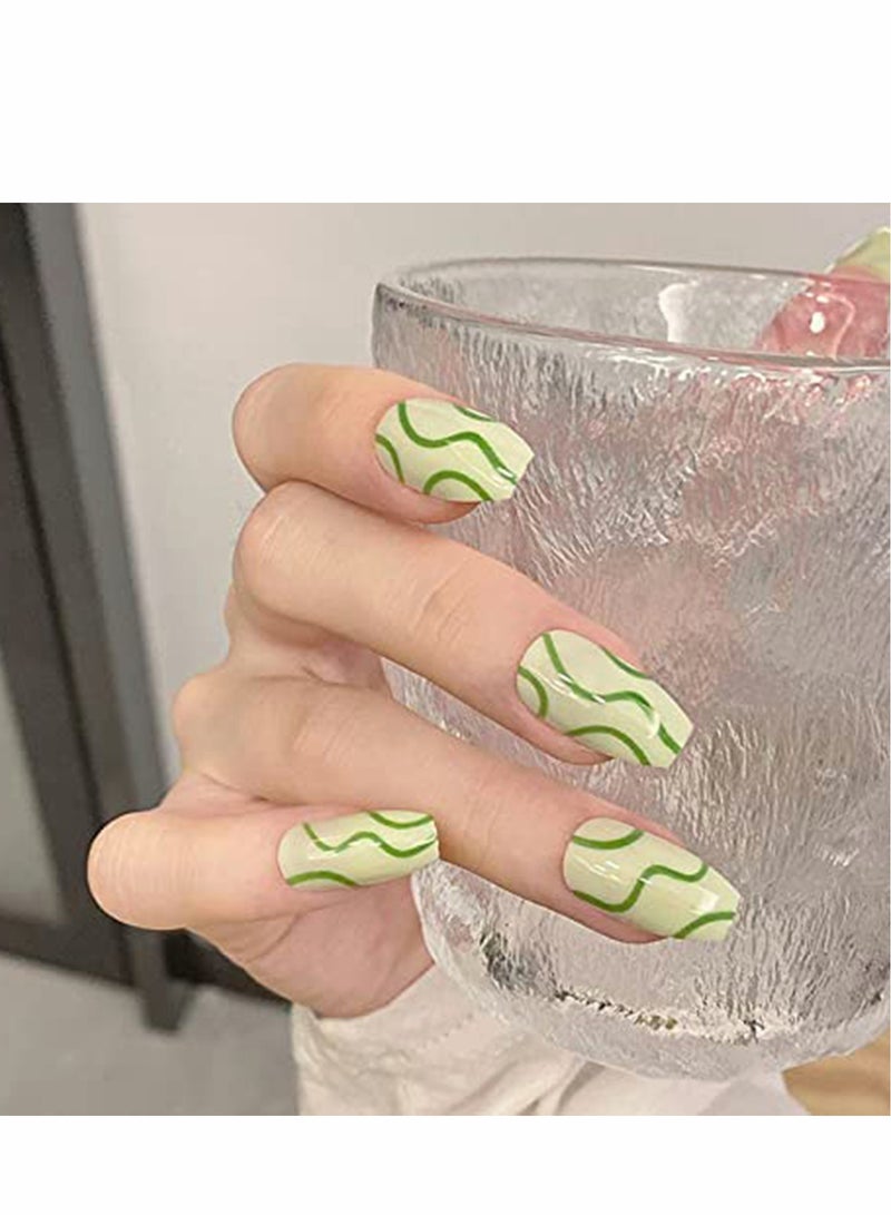 Excefore False Nails, KASTWAVE 24Pcs Press on Nails, Medium Coffin Glue on Nails Green Line Fake Nails, Glossy Artificial Manicure, for Women and Girls - Image 3