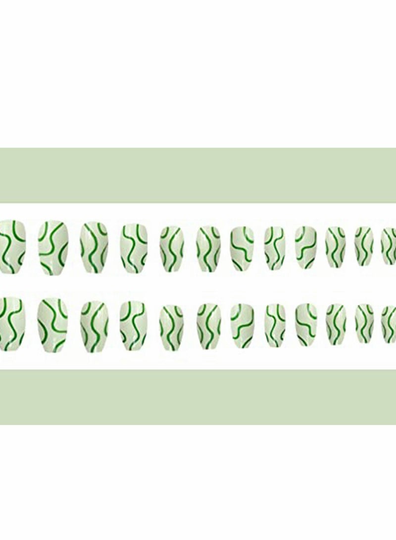 Excefore False Nails, KASTWAVE 24Pcs Press on Nails, Medium Coffin Glue on Nails Green Line Fake Nails, Glossy Artificial Manicure, for Women and Girls - Image 5