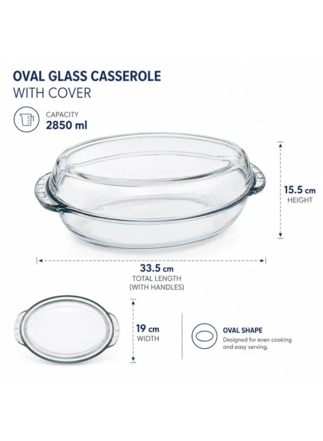Borcam Oval Glass Casserole with Cover, 2850 ml Heat-Resistant Oven Dish with Glass Lid, Baking Roasting & Serving Dish with Handles, Microwave & Dishwasher Safe, Made in Türkiye - Image 2