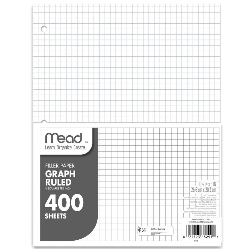 Mead Loose Leaf Paper Graph Ruled Filler Notebook Paper 8 x 1012 400 Sheets Fits 3Ring Binder 150038ECM