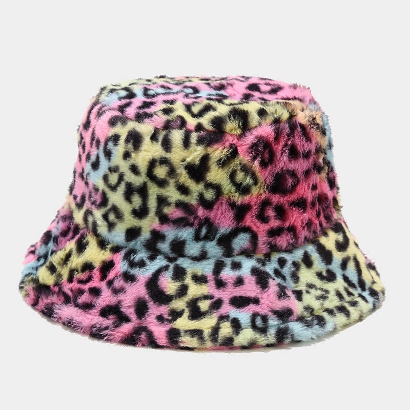 Hat Womens Autumn and Winter New Casual All-match Leopard Print Fleece-lined Thickened Windproof Fisherman Cap Popular Net Warm Pot Cap Trendy Little leopard print seven color