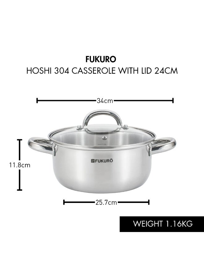 Fukuro Hoshi 304 Stainless Steel Casserole With Lid (24cm) - Image 1