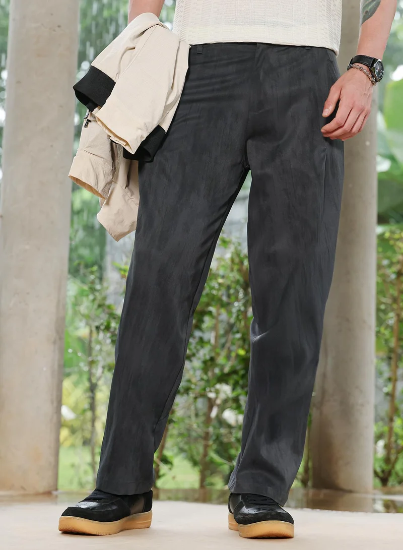 Campus Sutra Men Gazed-Imprint Straight-Fit Trousers | Mid-Rise, Elasticated Stretch | Drawstring , Straight Hem | Abstract Print Twill | Woven Fabric For Casual & Street Wear | Midnight Black