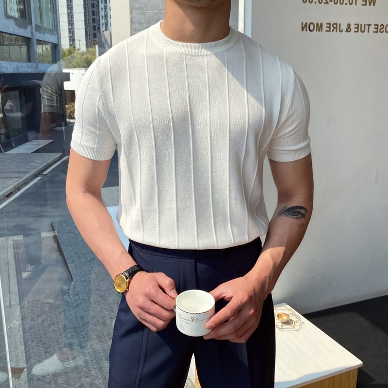 2024 Korean Style Slim Knitted Round Neck Short-Sleeved T-Shirt Men'S Trendyy T-Shirt Yuppie T-Shirt Men - Image 2