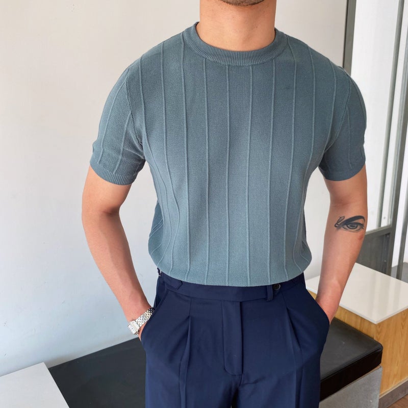 2024 Korean Style Slim Knitted Round Neck Short-Sleeved T-Shirt Men'S Trendyy T-Shirt Yuppie T-Shirt Men - Image 1