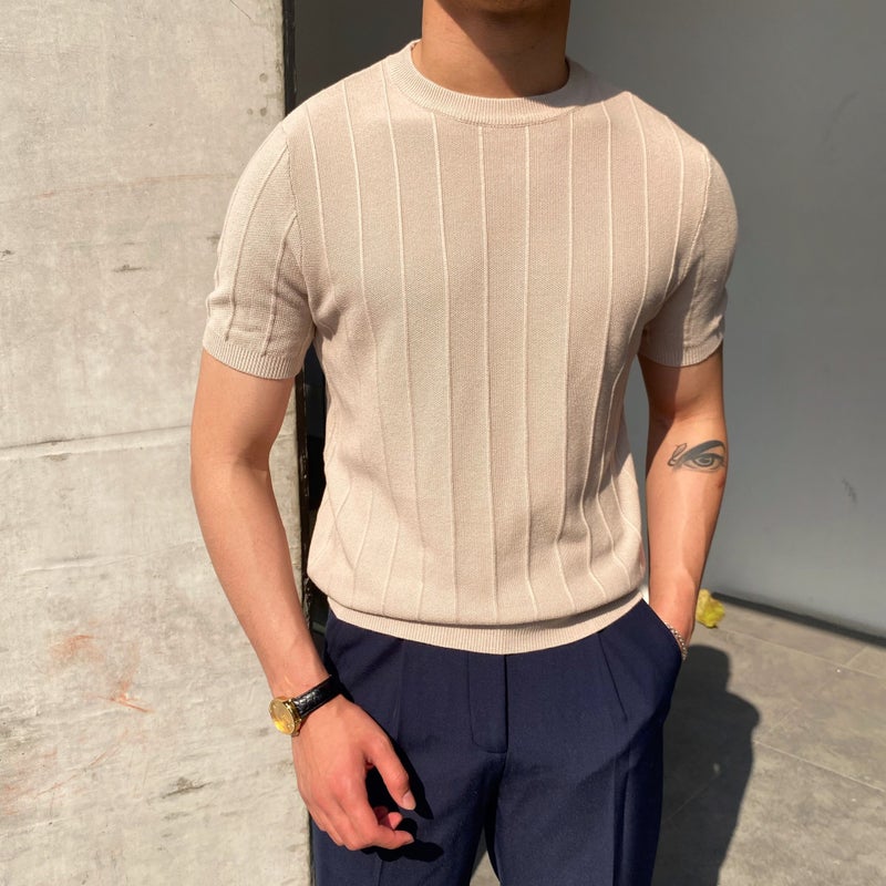 2024 Korean Style Slim Knitted Round Neck Short-Sleeved T-Shirt Men'S Trendyy T-Shirt Yuppie T-Shirt Men - Image 4