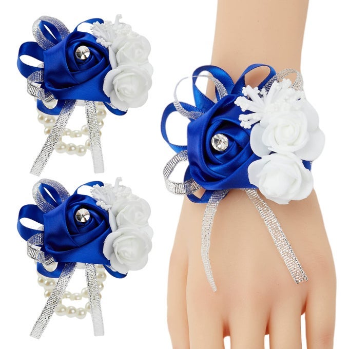ROSE ROYAL BLUE WRIST CORSAGES FOR PROM SET OF 2 WRIST CORSAGES FOR WEDDING BRIDAL BRIDESMAID GIRL MOTHER WOMEN HAND FLOWER FOR WEDDING FORMAL DINNER PARTY HOMECOMING CEREMONY ANNIVERSARY