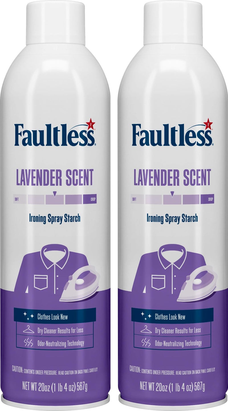 Faultless Laundry Starch Spray, Faultless Lavender Spray Starch 20 oz Cans for a Smooth Iron Glide on Clothes & Fabric Even Spray, Easy Iron Glide, No Reside (Pack of 2) - Image 1
