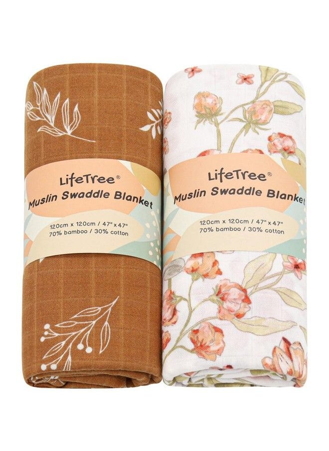 LifeTree Muslin Swaddle Blanket For Baby Girl Newborn 2 Pack Bamboo Cotton Large Baby Swaddle Blankets (47" X 47") Floral & Tan Leaf  - Image 1