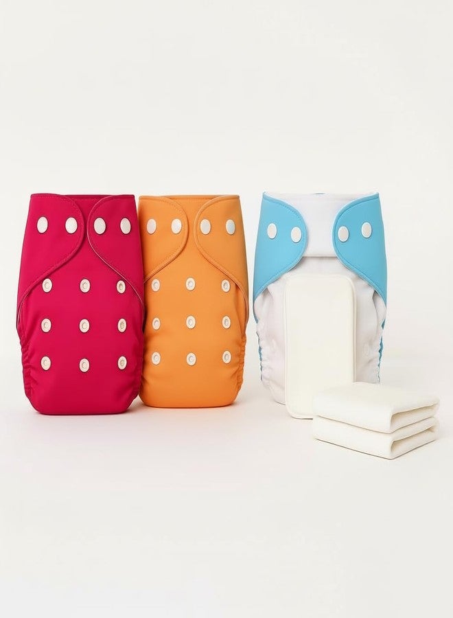 PENTOO Baby Cloth Diapers 0 to 3 Years | Side Leakage Proof Washable Reusable Diaper For New Born Baby Freesize Adjustable, Assorted 3(Pack of 3- Inserts Included) (Pink-Blue-Orange) - Image 2