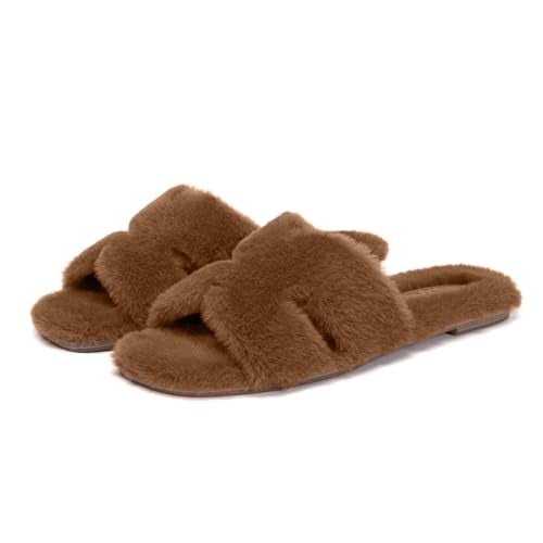 Athlefit Women's Fuzzy Slippers Cute Comfy Fluffy Open Toe Slip-on House Slide Slippers for Indoor Bedroom Bridesmaid, Brown, Size 8, AD01354 - Image 5