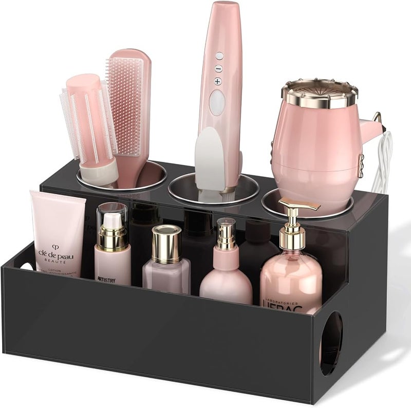 NIUBEE Hair Tool Organizer, Black Acrylic Hair Dryer and Styling Organizer, Bathroom Countertop Blow Dryer Holder, Vanity Caddy Storage Stand for Accessories, Makeup, Toiletries - Image 1