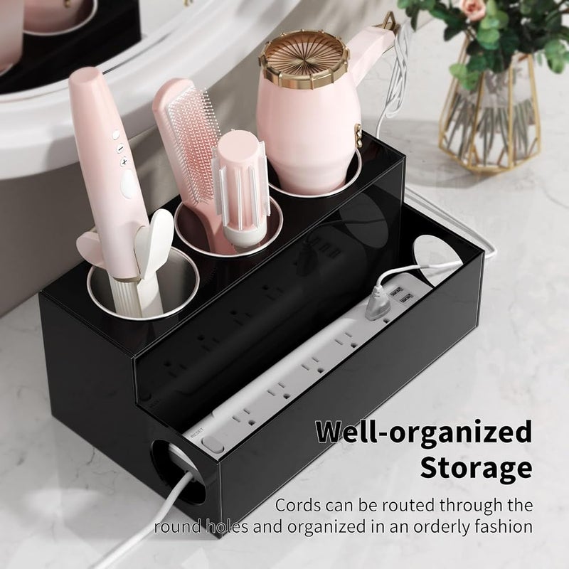NIUBEE Hair Tool Organizer, Black Acrylic Hair Dryer and Styling Organizer, Bathroom Countertop Blow Dryer Holder, Vanity Caddy Storage Stand for Accessories, Makeup, Toiletries - Image 4