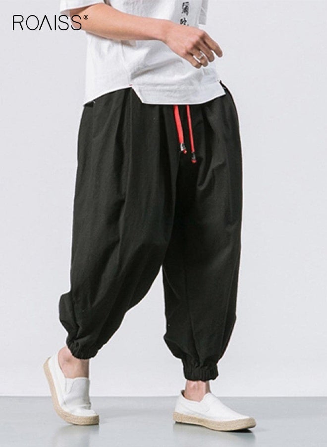 roaiss Men's Baggy Hippie Boho Yoga Harem Pants Cotton Linen Loose Stretchy Waist Casual Pockets Ankle Length Pants, Cropped Sweatpants for Men Black  - Image 2