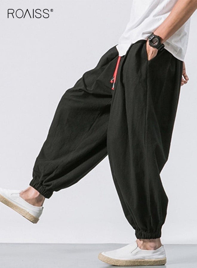 roaiss Men's Baggy Hippie Boho Yoga Harem Pants Cotton Linen Loose Stretchy Waist Casual Pockets Ankle Length Pants, Cropped Sweatpants for Men Black  - Image 3