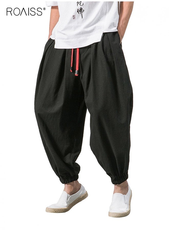 roaiss Men's Baggy Hippie Boho Yoga Harem Pants Cotton Linen Loose Stretchy Waist Casual Pockets Ankle Length Pants, Cropped Sweatpants for Men Black  - Image 1