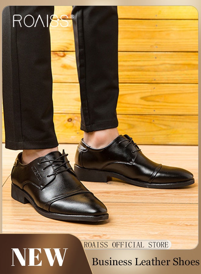 roaiss Men's Non-slip Leather Shoes Soft, Comfortable Durable Casual Classic Shoes Business Formal Shoes Pointed-Toe Lace-Up Wedding Shoes Low Top Flat Loafer Lightweight Black - Image 2