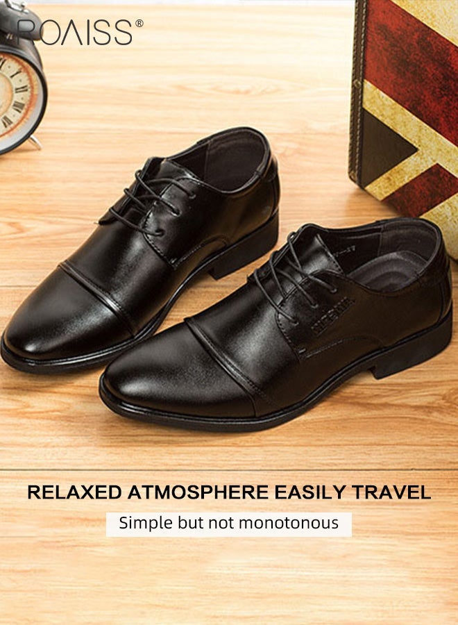 roaiss Men's Non-slip Leather Shoes Soft, Comfortable Durable Casual Classic Shoes Business Formal Shoes Pointed-Toe Lace-Up Wedding Shoes Low Top Flat Loafer Lightweight Black - Image 2