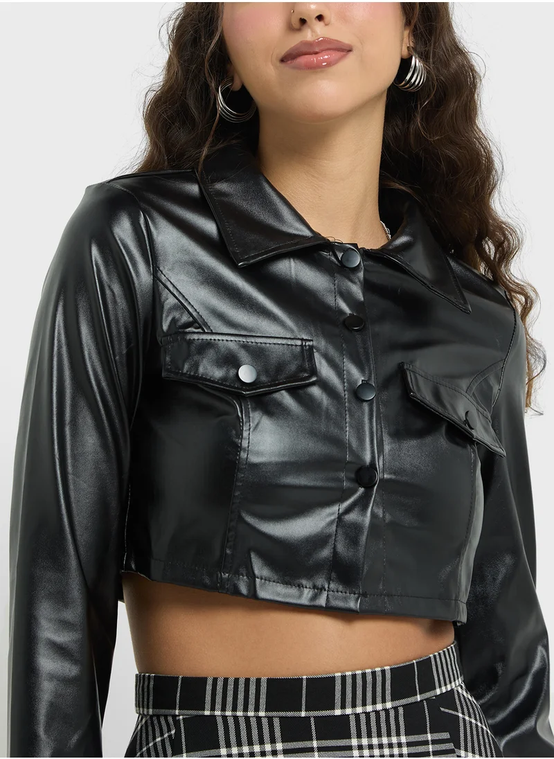جينجر Vintage Pu Leather Cropped Jacket