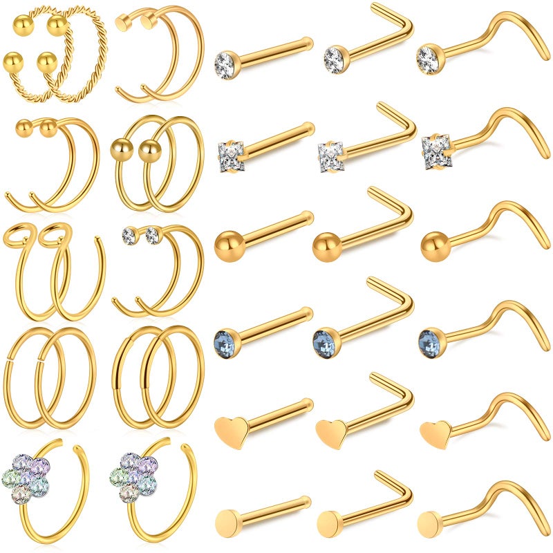 ONESING 36 Pcs Nose Rings for Women Nose Piercings Jewelry Nose Studs 20G Nose Rings Hoop Gold Screw Stainless Steel for Women Men - Image 1