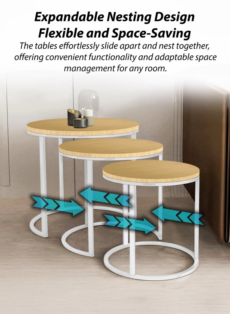 Toshionics 3 Pieces Modern Stackable Round Nesting Table Set Luxury Minimalist Stacking Coffee Tables With 12mm Wooden Textured MDF Tabletop & White Steel Frame Accent Tables End Tables Side Tables For Home Office Living Room Hall And Small Spaces Sofa Centre Teapoy Table - Image 3
