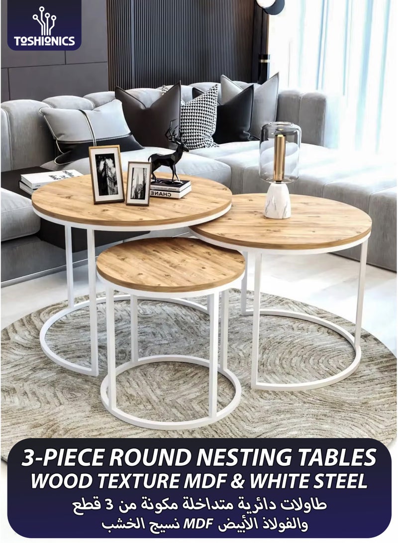 Toshionics 3 Pieces Modern Stackable Round Nesting Table Set Luxury Minimalist Stacking Coffee Tables With 12mm Wooden Textured MDF Tabletop & White Steel Frame Accent Tables End Tables Side Tables For Home Office Living Room Hall And Small Spaces Sofa Centre Teapoy Table - Image 1