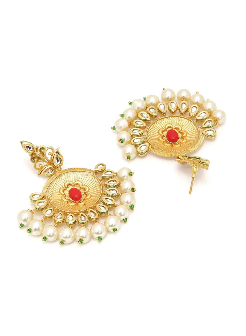 SOHI Red & White Stone-Studded & Beaded Crescent Shaped Artificial Drop Earring Jewellery