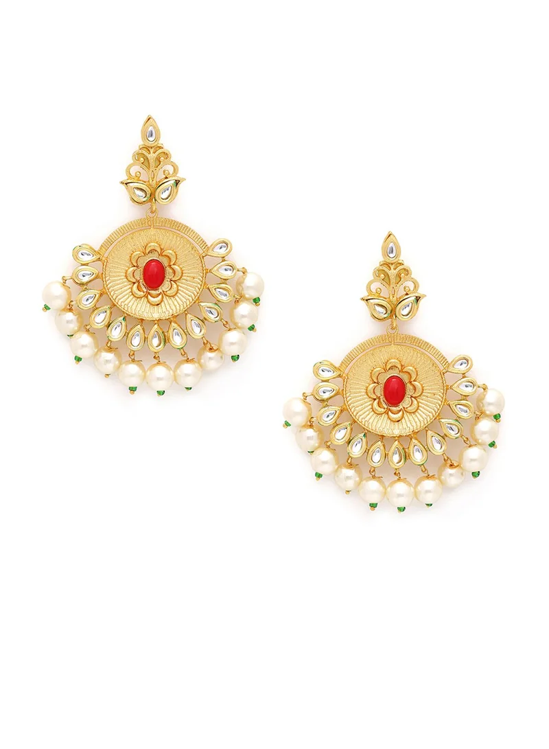 SOHI Red & White Stone-Studded & Beaded Crescent Shaped Artificial Drop Earring Jewellery