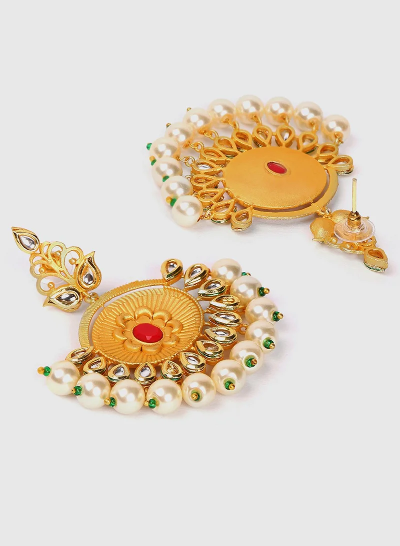 SOHI Red & White Stone-Studded & Beaded Crescent Shaped Artificial Drop Earring Jewellery