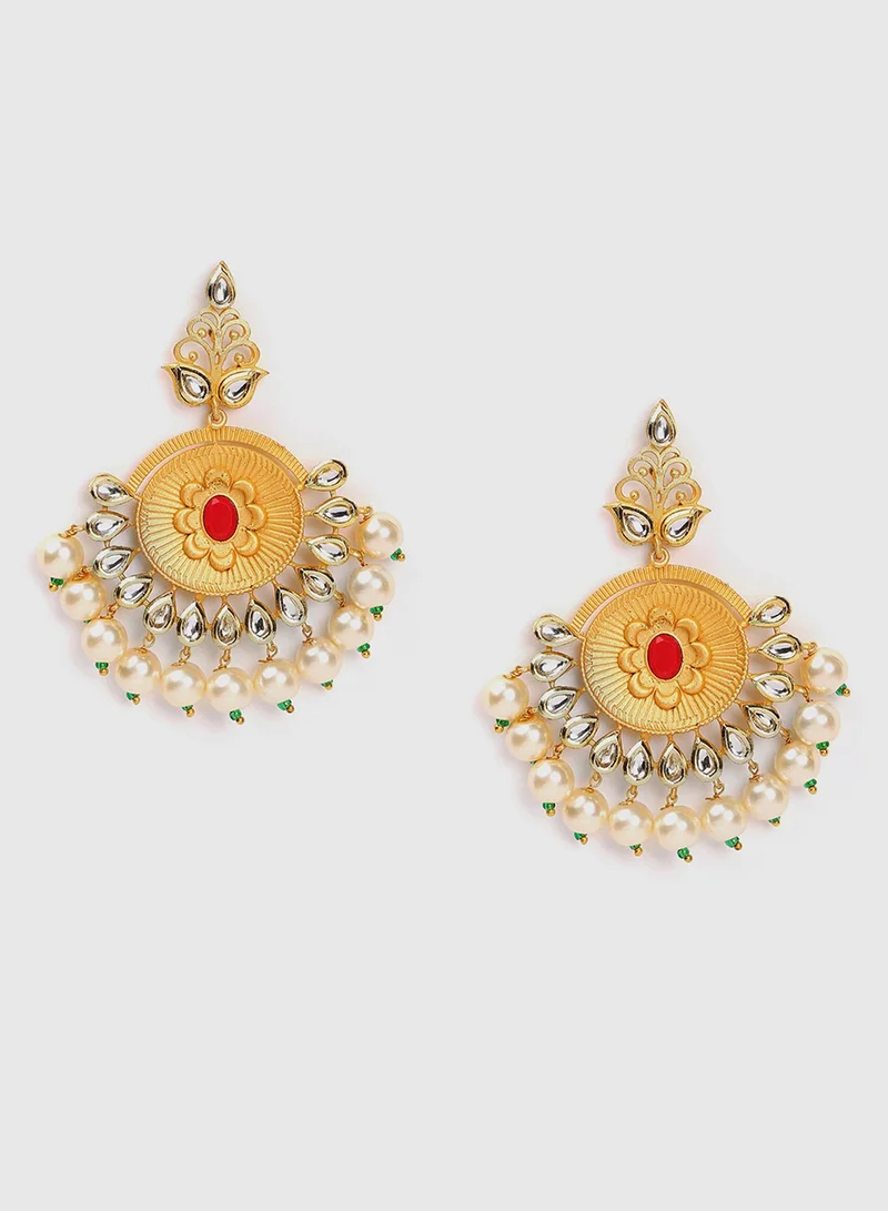سوهي Red & White Stone-Studded & Beaded Crescent Shaped Drop Earrings