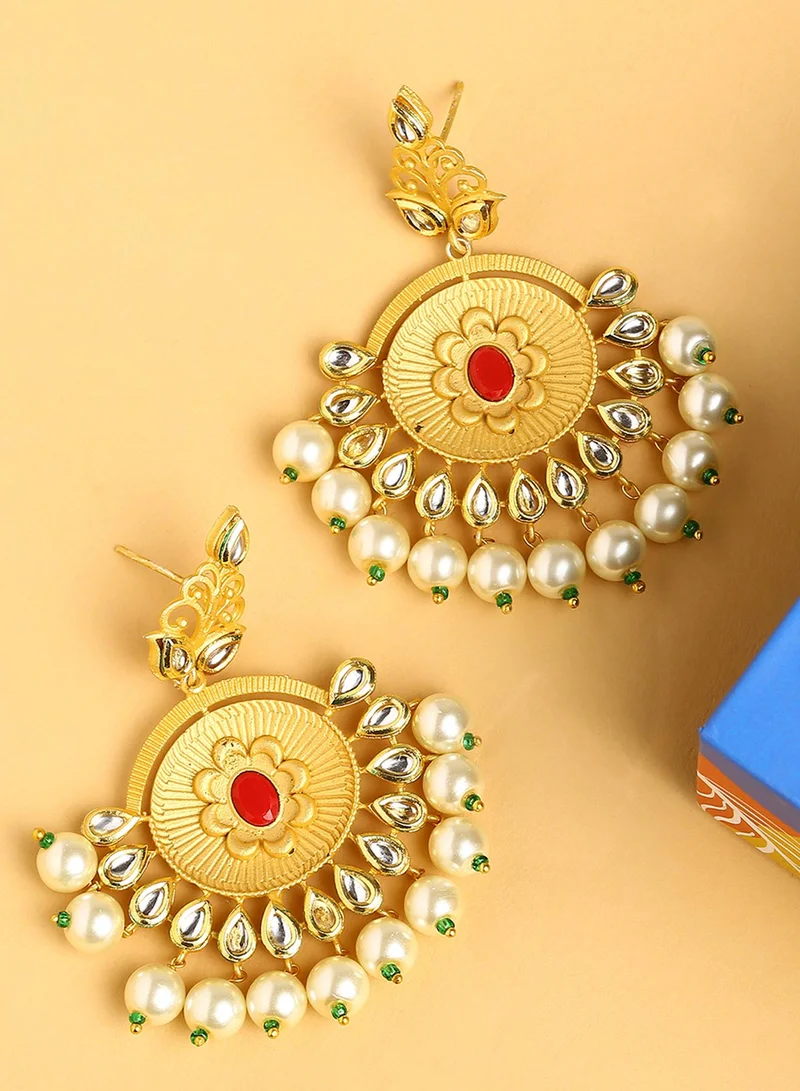 سوهي Red & White Stone-Studded & Beaded Crescent Shaped Drop Earrings