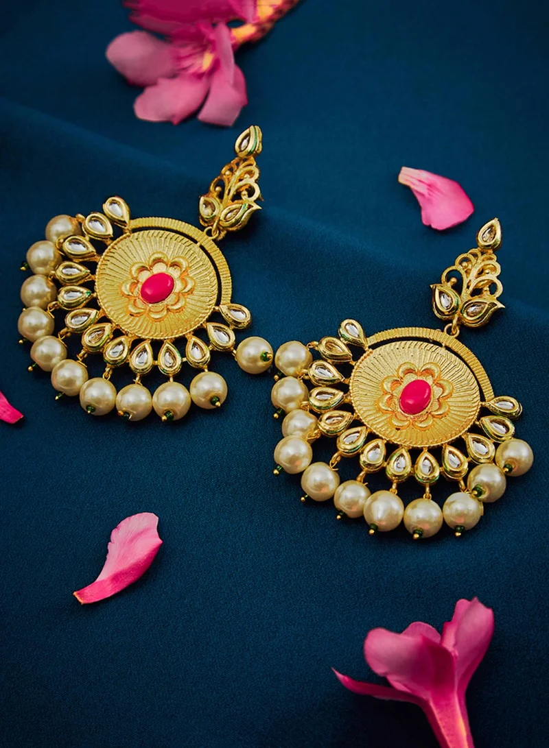 SOHI Red & White Stone-Studded & Beaded Crescent Shaped Artificial Drop Earring Jewellery
