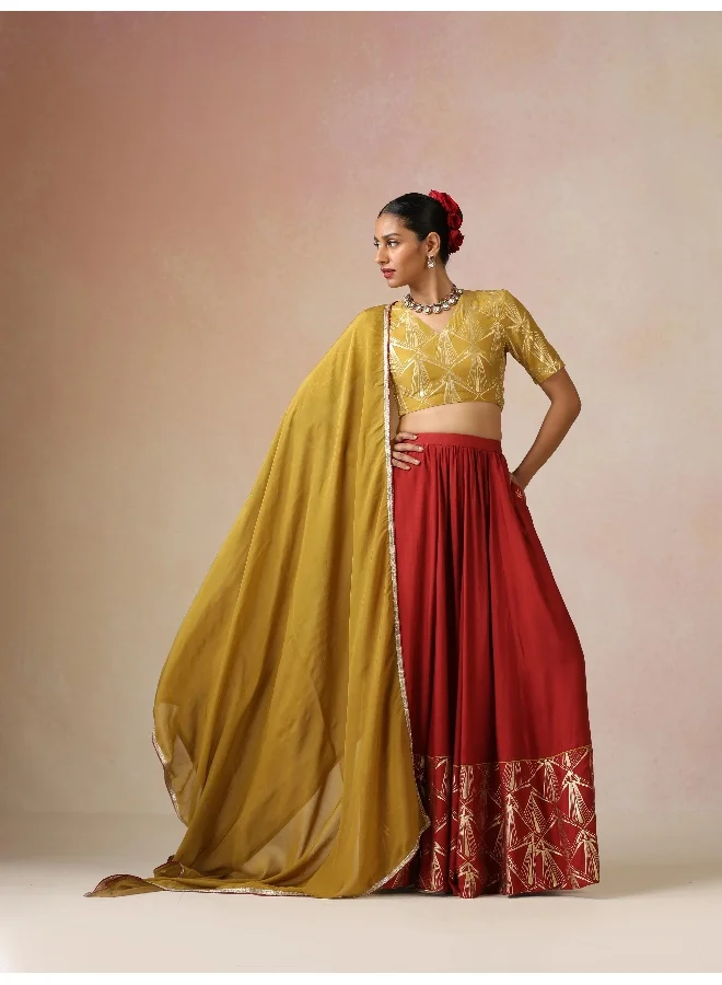 trueBrowns trueBrowns Mustard Gold Foil Print Muslin Silk Blouse Skirt Dupatta Set