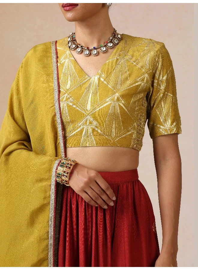 trueBrowns trueBrowns Mustard Gold Foil Print Muslin Silk Blouse Skirt Dupatta Set