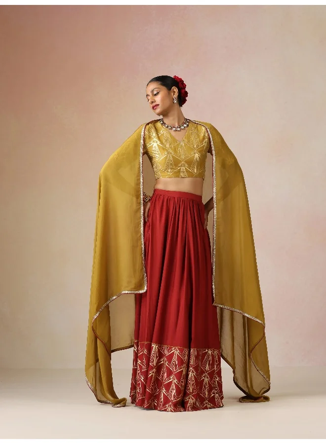 trueBrowns trueBrowns Mustard Gold Foil Print Muslin Silk Blouse Skirt Dupatta Set