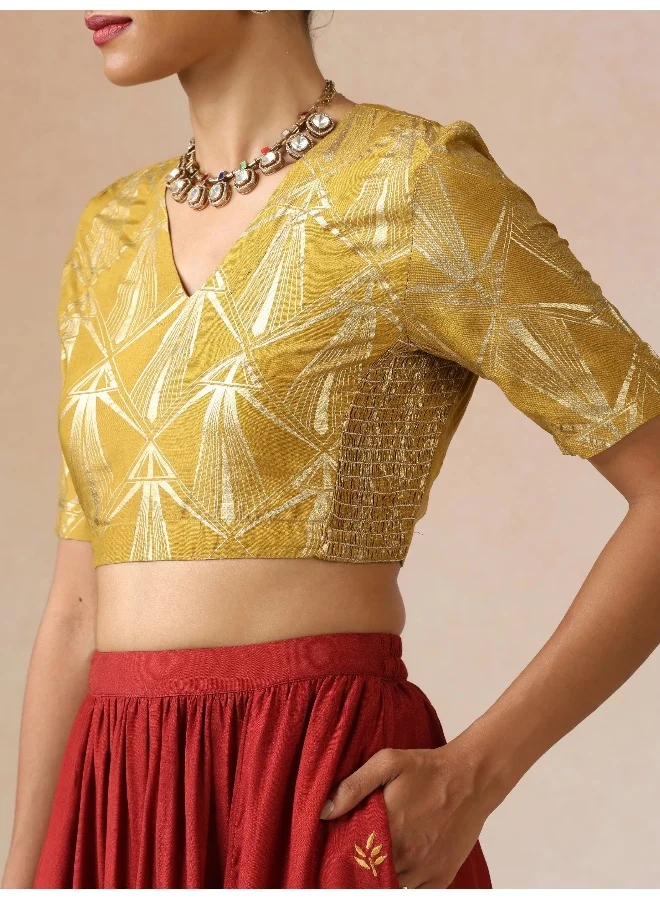 trueBrowns trueBrowns Mustard Gold Foil Print Muslin Silk Blouse Skirt Dupatta Set