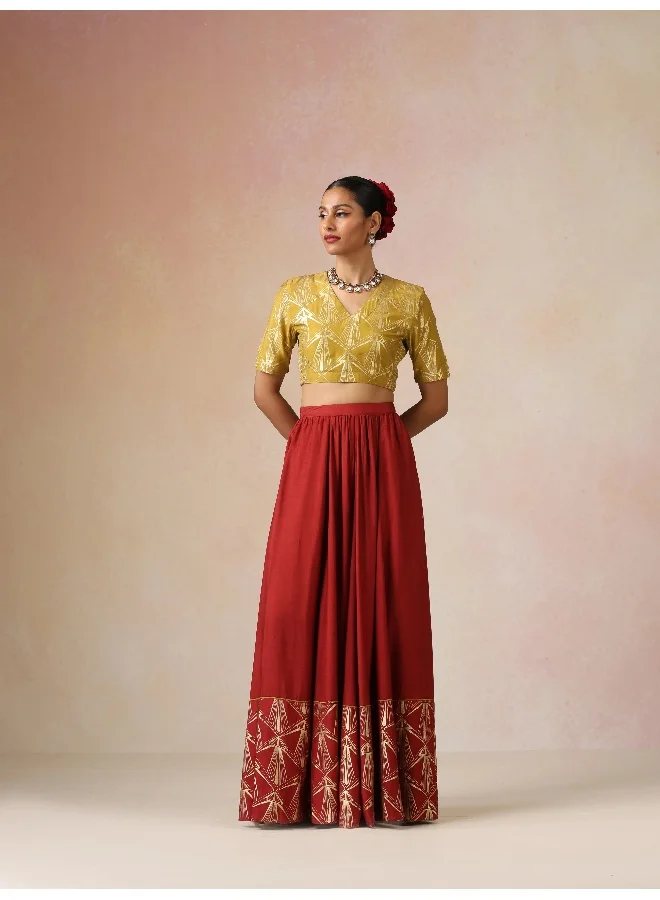 ترو برونز trueBrowns Mustard Gold Foil Print Muslin Silk Blouse Skirt Dupatta Set