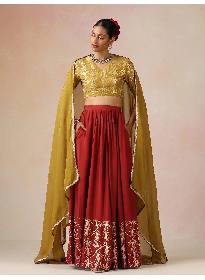 ترو برونز trueBrowns Mustard Gold Foil Print Muslin Silk Blouse Skirt Dupatta Set